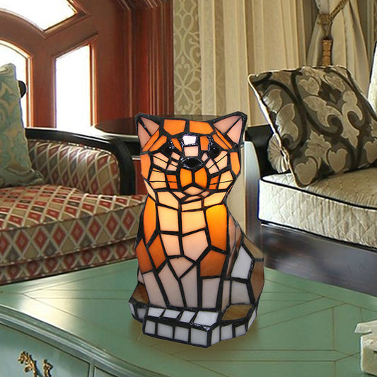 Brown Cat Shade Accent Lamp Tiffany Stained Glass 1 Light Colorful Table Lamp for Bedside