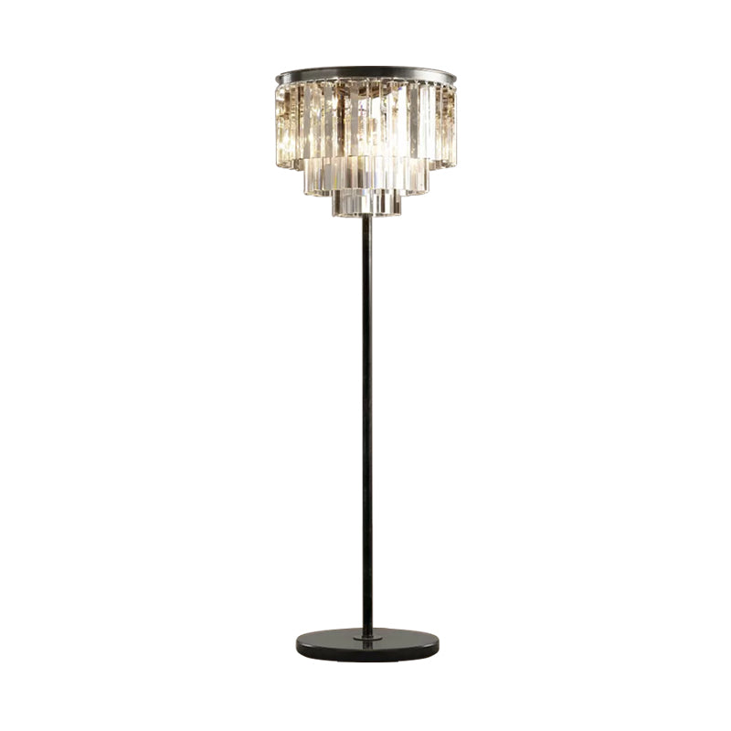 5-Bulb Standing Lamp Rustic 1/3-Layer Crystal Block Floor Light in Black for Living Room