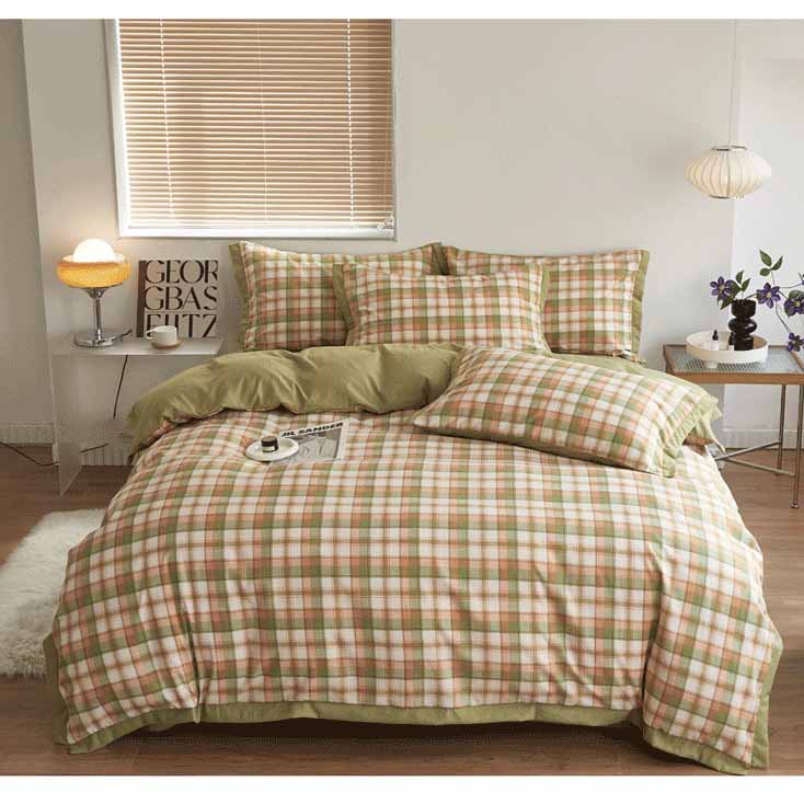 Autumn/Winter Green Orange Plaid bedding set Class A Washable Double Yarn Cotton/Linen Duvet Cover Four-Piece bedding Set