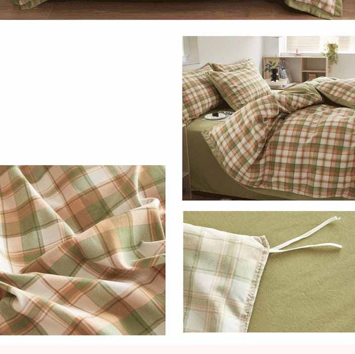 Autumn/Winter Green Orange Plaid bedding set Class A Washable Double Yarn Cotton/Linen Duvet Cover Four-Piece bedding Set