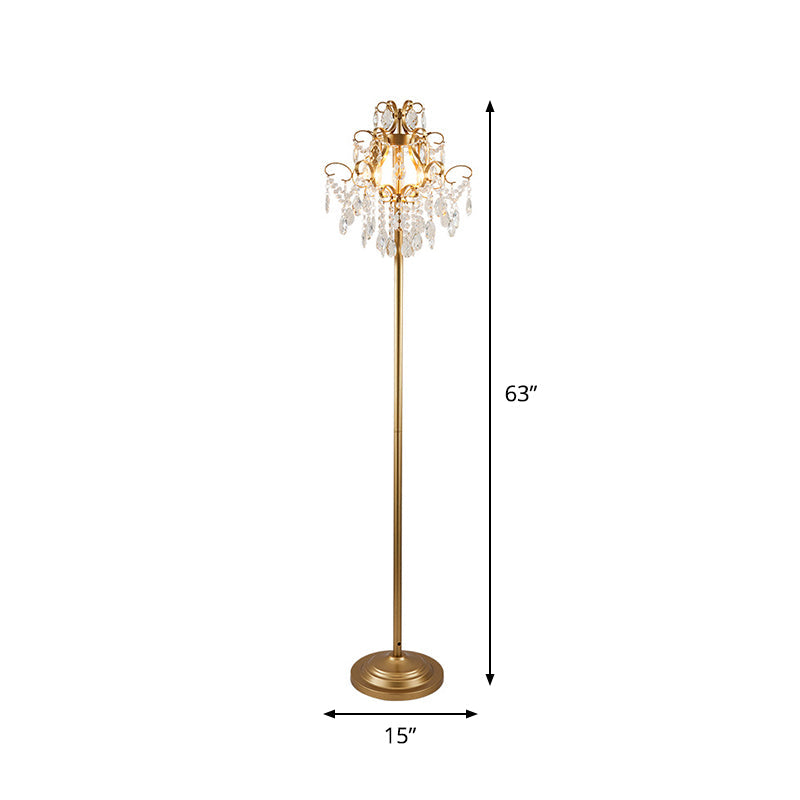 Gold Spiral Arm Floor Lighting Classic Metal 3 Heads Living Room Standing Lamp with Faceted Crystal Droplet