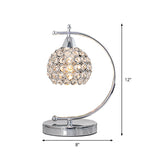 Nordic Domed Small Desk Lighting Single Bulb Crystal Embedded Table Lamp with Arched Arm in Silver