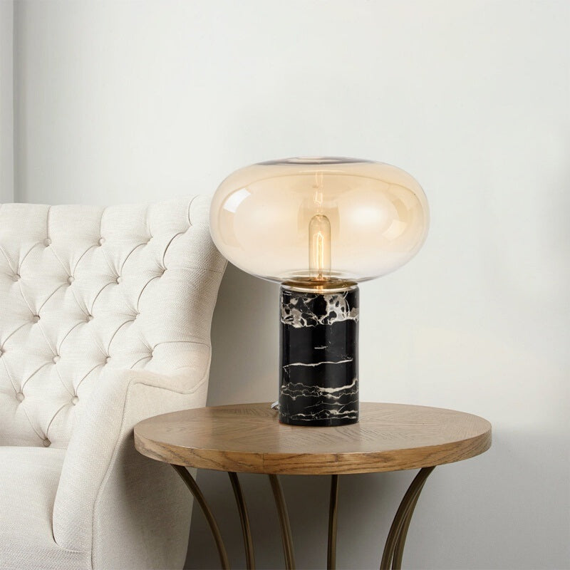 Post-Modern Oval Night Light Grey/Amber Glass 1 Bulb Living Room Table Lamp with Cylinder Marble Base in Black