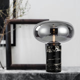 Post-Modern Oval Night Light Grey/Amber Glass 1 Bulb Living Room Table Lamp with Cylinder Marble Base in Black