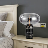 Post-Modern Oval Night Light Grey/Amber Glass 1 Bulb Living Room Table Lamp with Cylinder Marble Base in Black