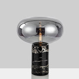 Post-Modern Oval Night Light Grey/Amber Glass 1 Bulb Living Room Table Lamp with Cylinder Marble Base in Black