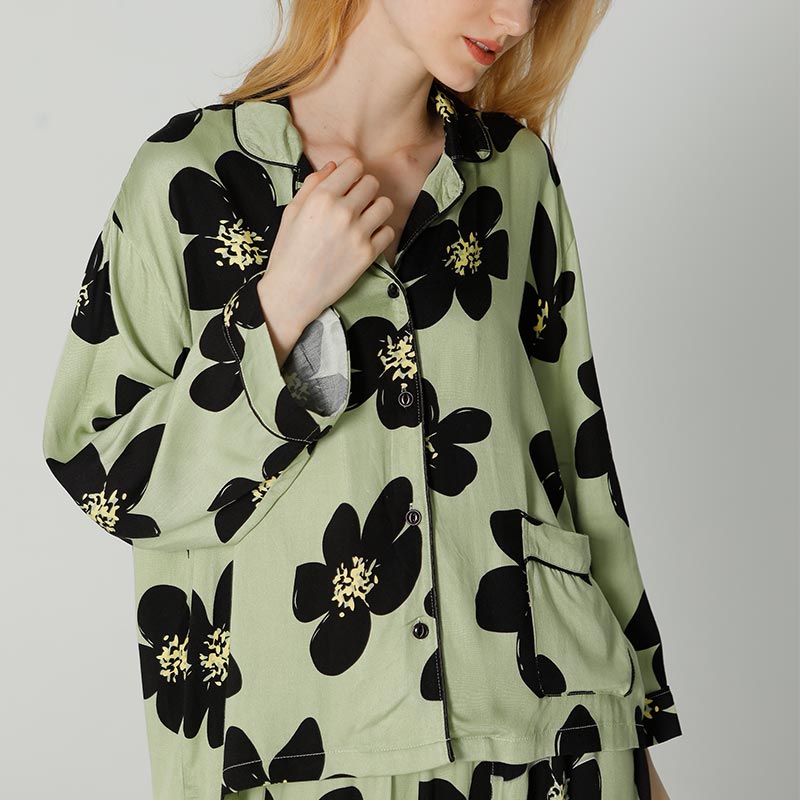 Black Flower Satin Pajama Set Loungewear