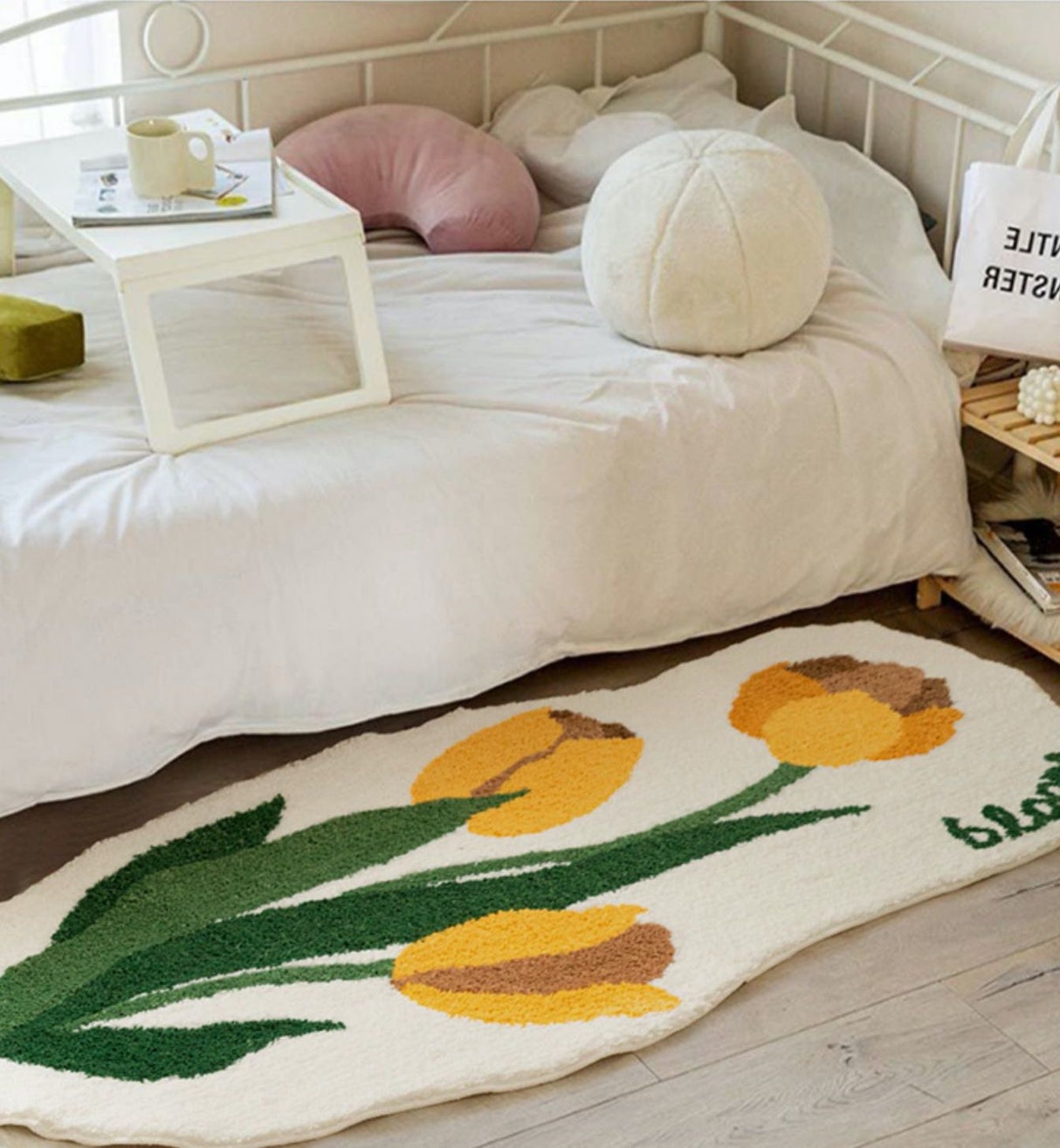 Yellow Tulip Bedroom Runner Mat, Floral Bathroom Rug, Soft Plush Anti Slip Mat for Bedroom Bathroom, Soft Thick Area Carpet