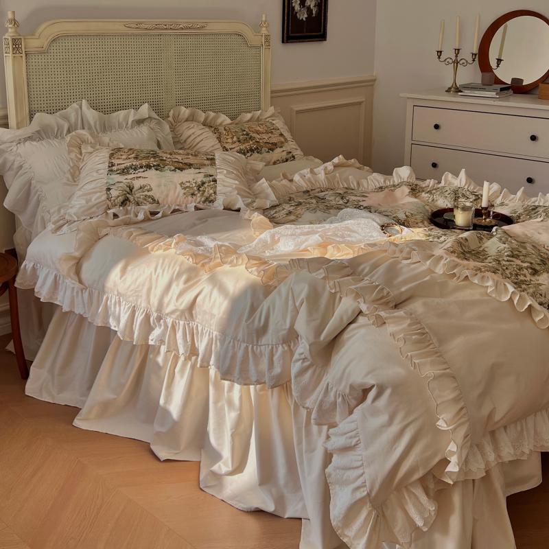 100% Cotton Renaissance French Romance Style Lacy Duvet Cover Bedding Set