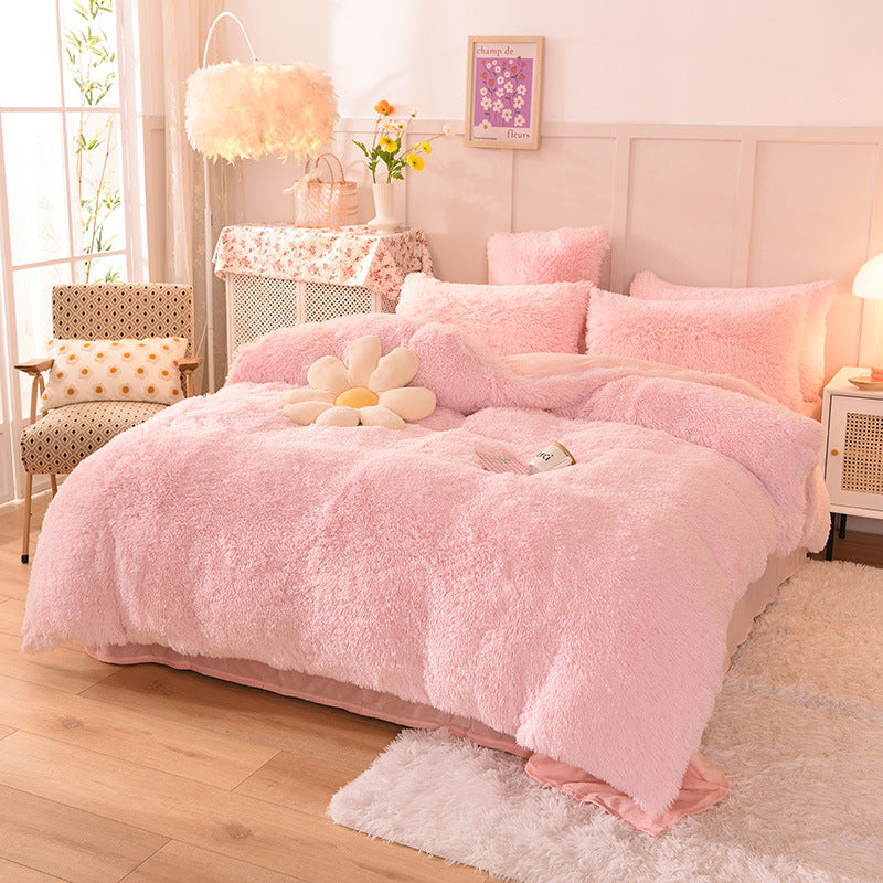 Solid Color Poly Mink Flannel Puffy Duvet Cover Bedding Set