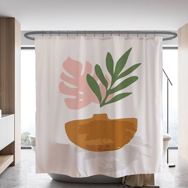 Modern Pink Green Leaves Shower Curtain
