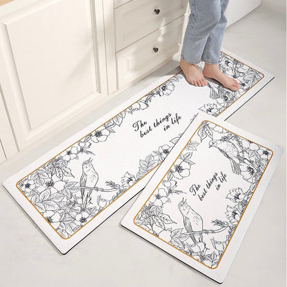 White Botanic Leaves Kitchen Floor Mat
