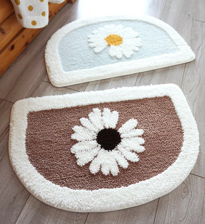 Semicircle Daisy Bathroom Mat, White Flower Bath Rug, Nature Bathroom Decor, Soft Water-Absorbent Mat for Bath Shower, Blue Brown