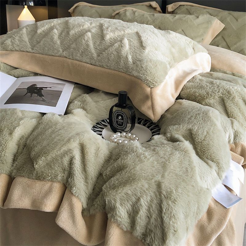 Poly Rabbit Wool Milk Cashmere Flannel Duvet Cover Bedding Set