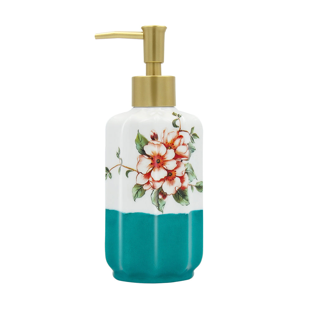 Floral Ceramic Soap Dispenser, Elegant-Design Pump Bottle, 350ml/12.3 oz