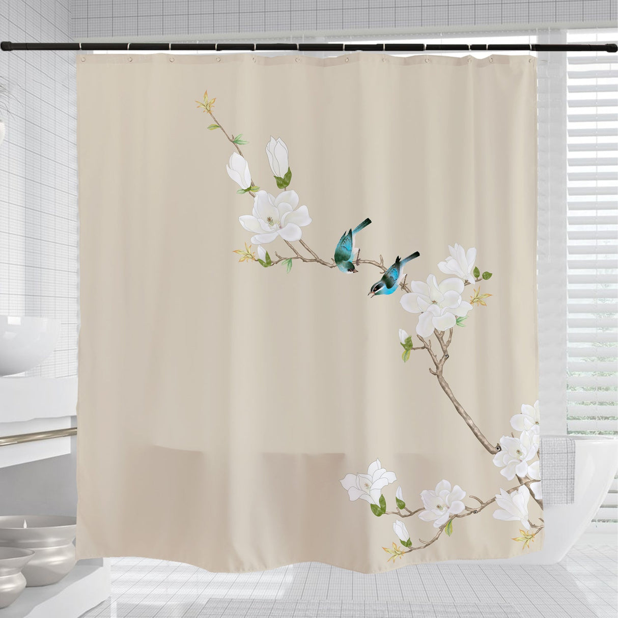 Two Birds and White Flowers Shower Curtain