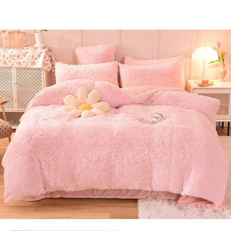 Solid Color Poly Mink Flannel Puffy Duvet Cover Bedding Set