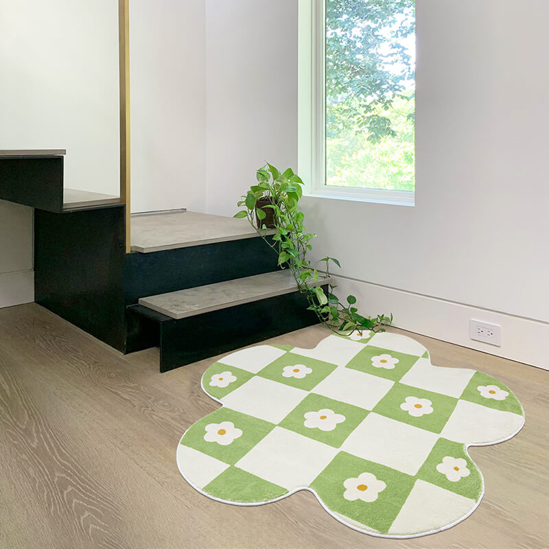 Flower Shaped Cream and Green Checked Bedroom Mat
