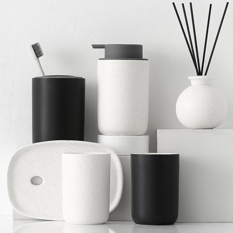 Black and White Bathroom Dispenser Mug Set