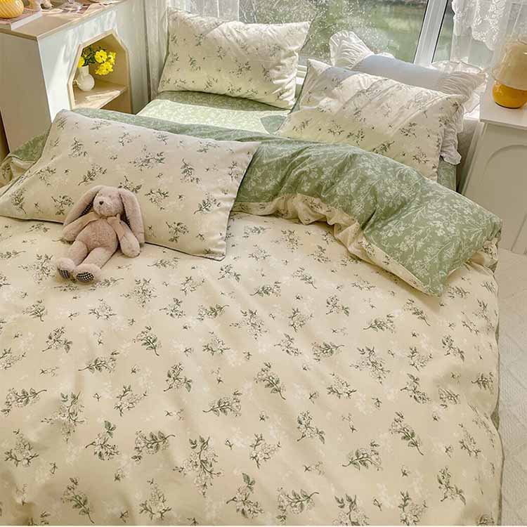 Green White Flowers Stripe Cream Bedding Set Washable 60s Cotton Duvet Cover Bedding Set