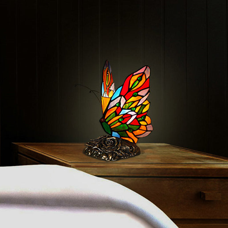 Hand-Crafted Glass Butterfly Nightstand Lamp Tiffany Style 1 Bulb Yellow Night Lighting