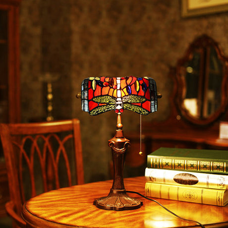 1 Light Banker Desk Lamp Mediterranean Dragonfly Hand Cut Glass Pull Chain Table Lighting in Red