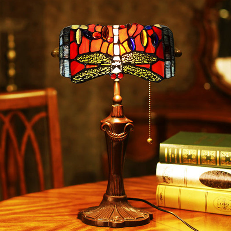 1 Light Banker Desk Lamp Mediterranean Dragonfly Hand Cut Glass Pull Chain Table Lighting in Red