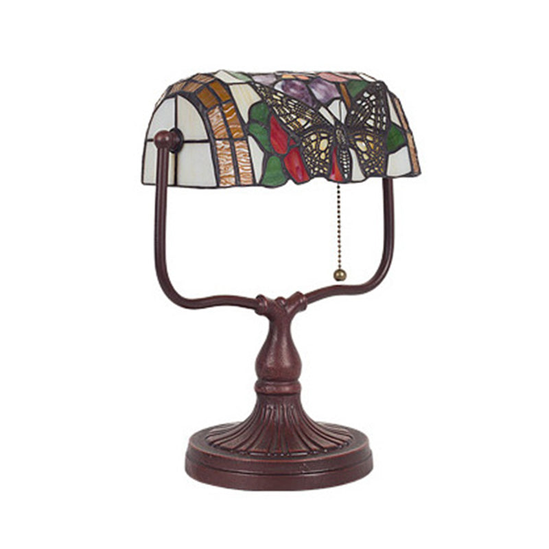 Hand Cut Glass White Banker Lamp Butterfly Patterned 1 Head Mediterranean Table Light with Pull Chain