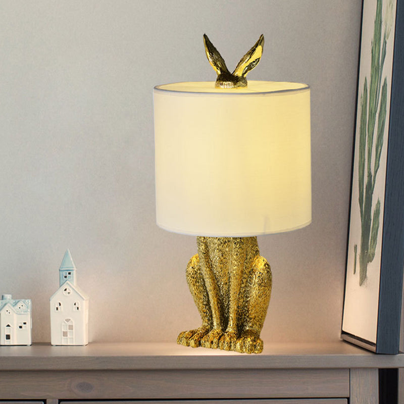 Masked Rabbit Nightstand Lamp Decorative Resin Single Bedside Table Light with Cylinder Fabric Shade