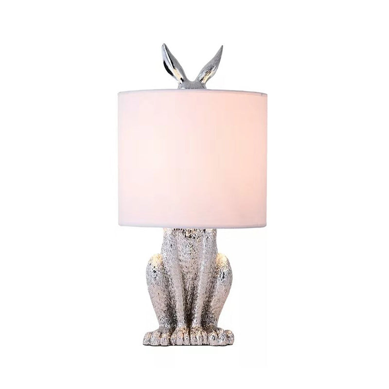 Masked Rabbit Nightstand Lamp Decorative Resin Single Bedside Table Light with Cylinder Fabric Shade
