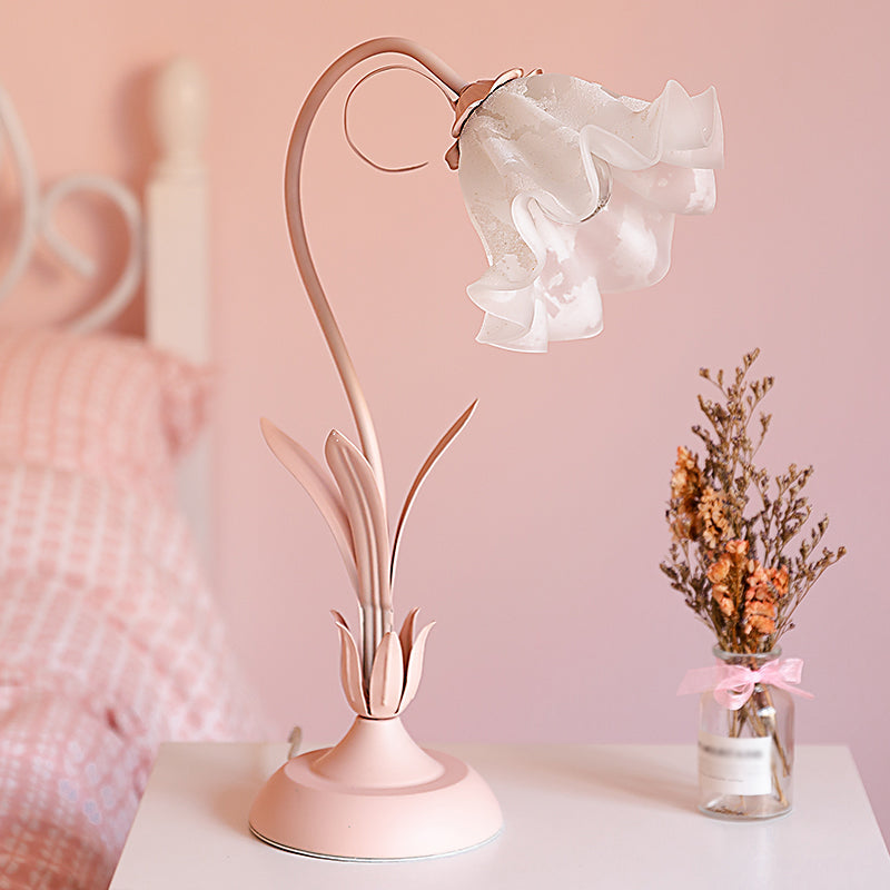 Pink Lily Shaped Table Lamp Korean Garden Opal Glass Single Bedroom Nightstand Light