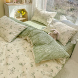 Green White Flowers Stripe Cream Bedding Set Washable 60s Cotton Duvet Cover Bedding Set