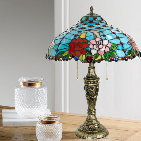 Stained Glass Blue Table Lighting Rose Pattern 3 Heads Tiffany Nightstand Lamp with Pull Chain