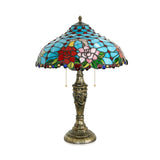 Stained Glass Blue Table Lighting Rose Pattern 3 Heads Tiffany Nightstand Lamp with Pull Chain