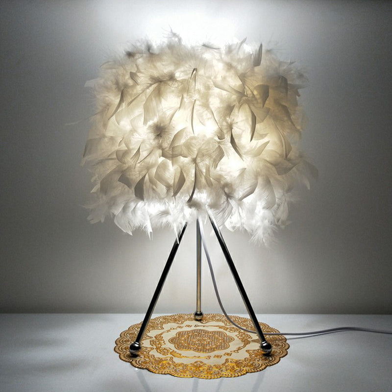 Modern Drum Table Light Feather 1-Light Living Room Nightstand Lighting with Metallic Tripod in White