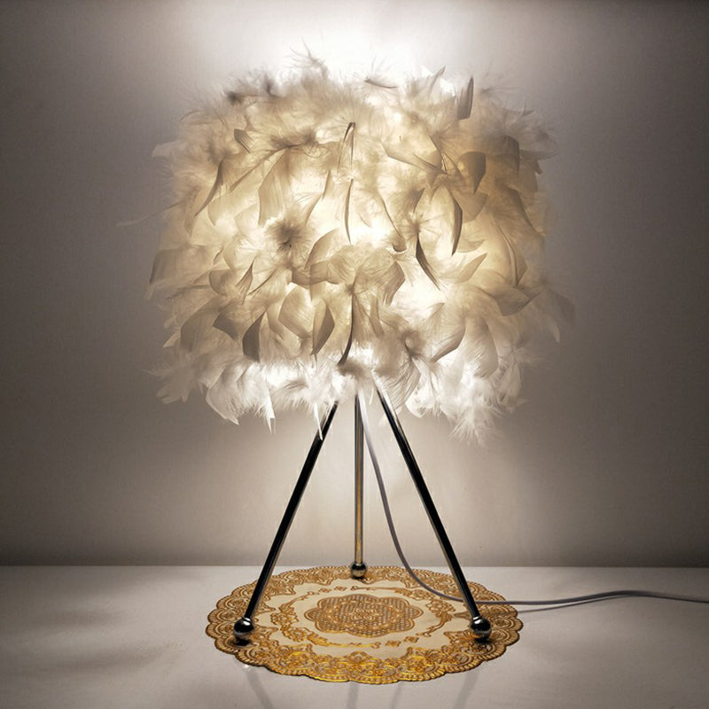 Modern Drum Table Light Feather 1-Light Living Room Nightstand Lighting with Metallic Tripod in White