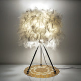 Modern Drum Table Light Feather 1-Light Living Room Nightstand Lighting with Metallic Tripod in White