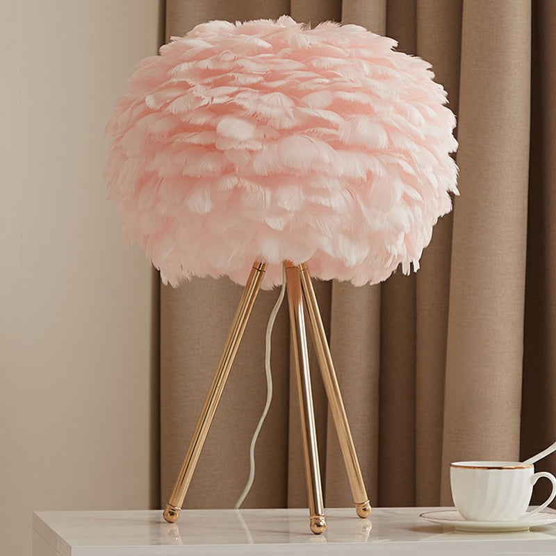 Feather Sphere Table Lighting Nordic 1 Head Nightstand Lamp with Metallic Tripod for Living Room