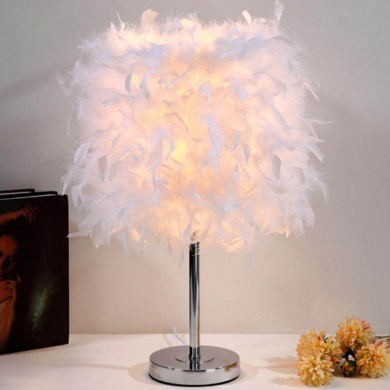 Cylinder Feather Nightstand Lamp Artistic Single Nickel Table Lighting for Bedroom