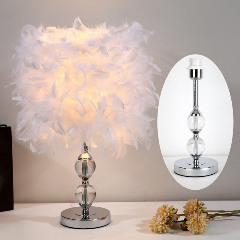 Cylinder Feather Nightstand Lamp Artistic Single Nickel Table Lighting for Bedroom