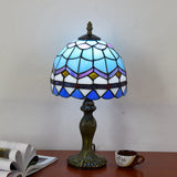 1 Bulb Table Lamp Mediterranean Dome Gridded Glass Nightstand Light in Blue for Living Room