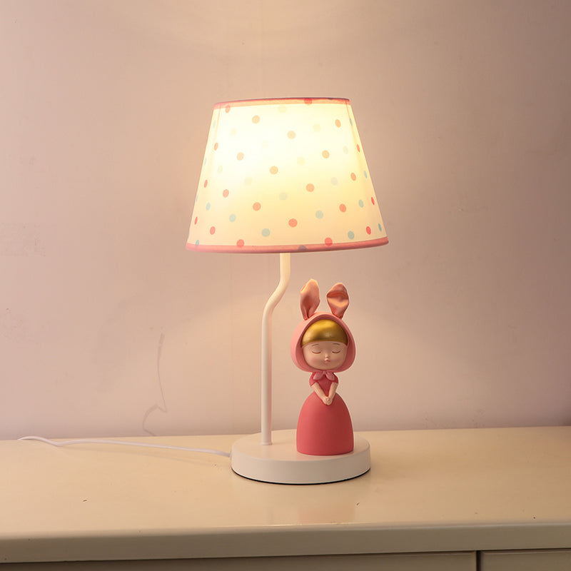 Tapered Drum Nightstand Lamp Kids Fabric Single-Bulb Bedroom Table Light with Resin Figurine in Pink