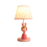 Tapered Drum Nightstand Lamp Kids Fabric Single-Bulb Bedroom Table Light with Resin Figurine in Pink