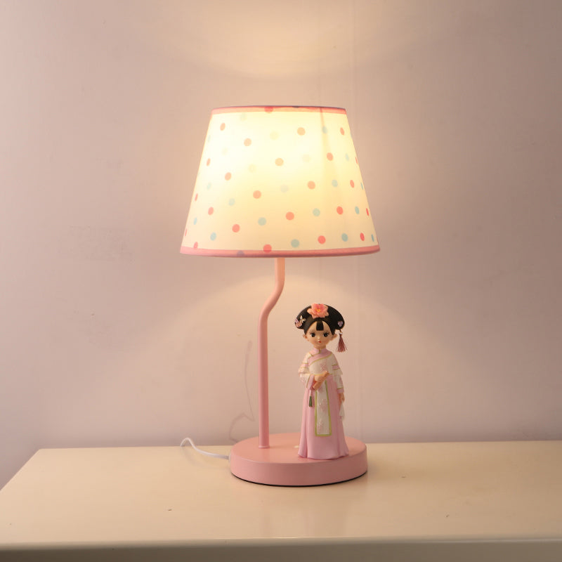Fabric Bucket Shade Table Lighting Cartoon 1-Light White Nightstand Lamp with Figurine Decor