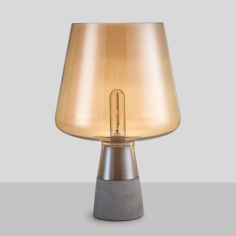 Rustic Wineglass-Like Nightstand Lamp Amber Glass Single-Bulb Bedroom Table Lighting with Cement Base