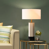 Fabric Drum Table Lamp Postmodern 1-Light Nightstand Light with Marble Base in White