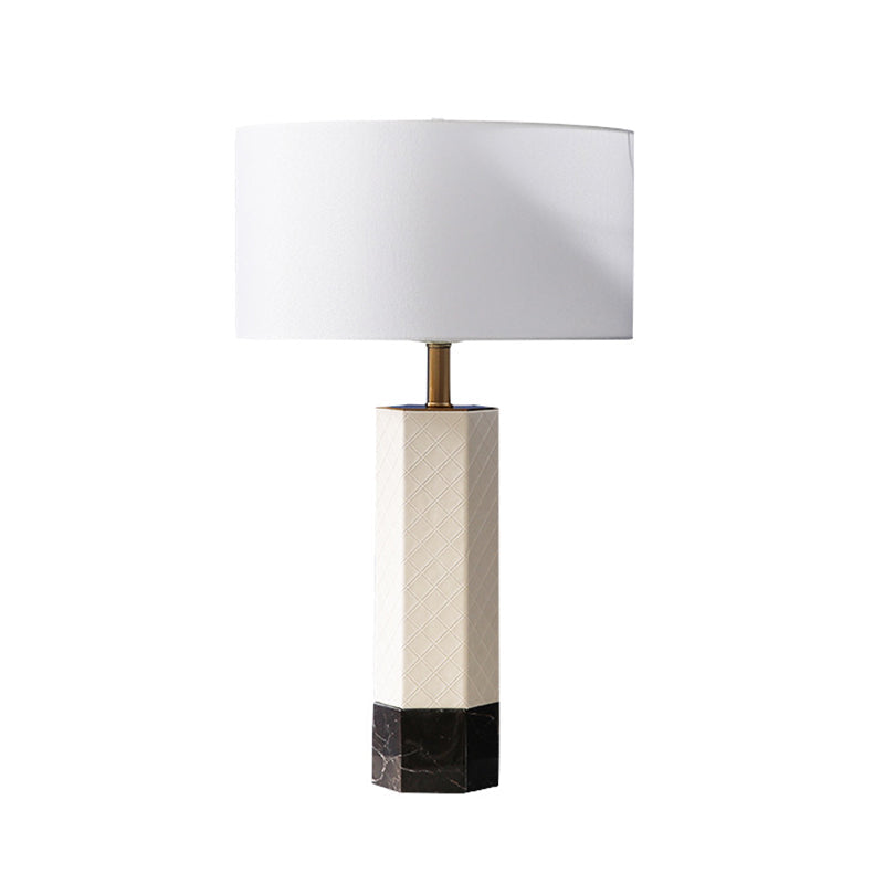 Fabric Drum Table Lamp Postmodern 1-Light Nightstand Light with Marble Base in White