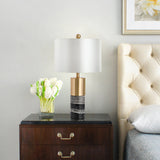 Drum Table Lighting Simplicity Fabric 1 Bulb Living Room Nightstand Lamp with Marble Base in White