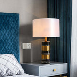 Modern Drum Nightstand Lamp Fabric 1 Head Living Room Table Lighting with Marble Base in White