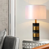 Modern Drum Nightstand Lamp Fabric 1 Head Living Room Table Lighting with Marble Base in White